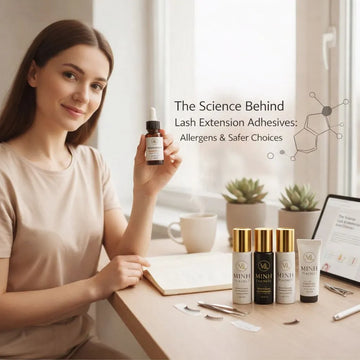Minh Lashes adhesive products displayed with educational content about safe eyelash extension adhesives for sensitive eyes.