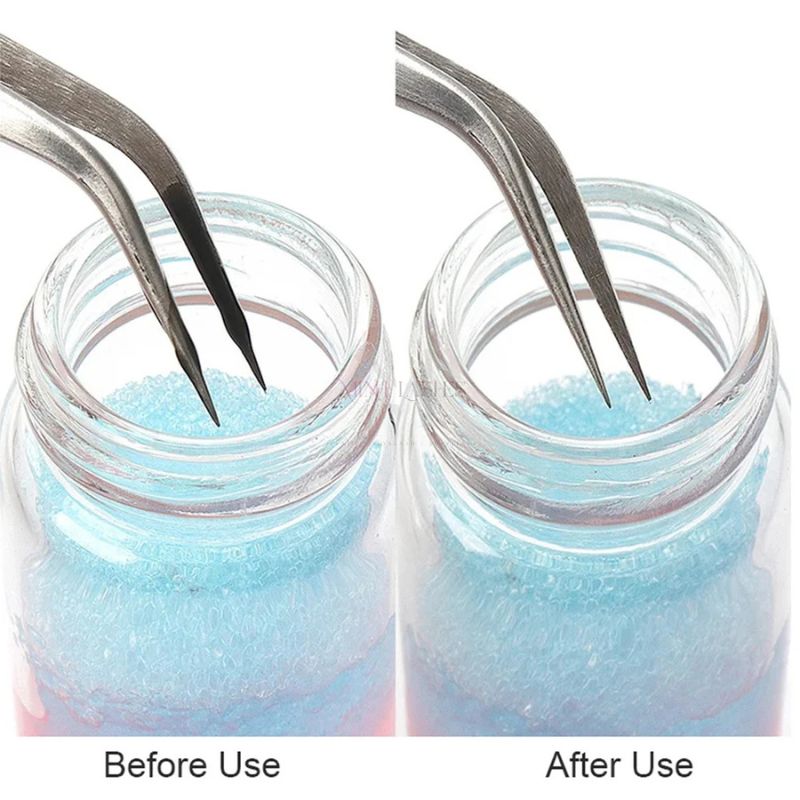 Before and after comparison showing effective removal of eyelash glue from tweezers using remover ball.