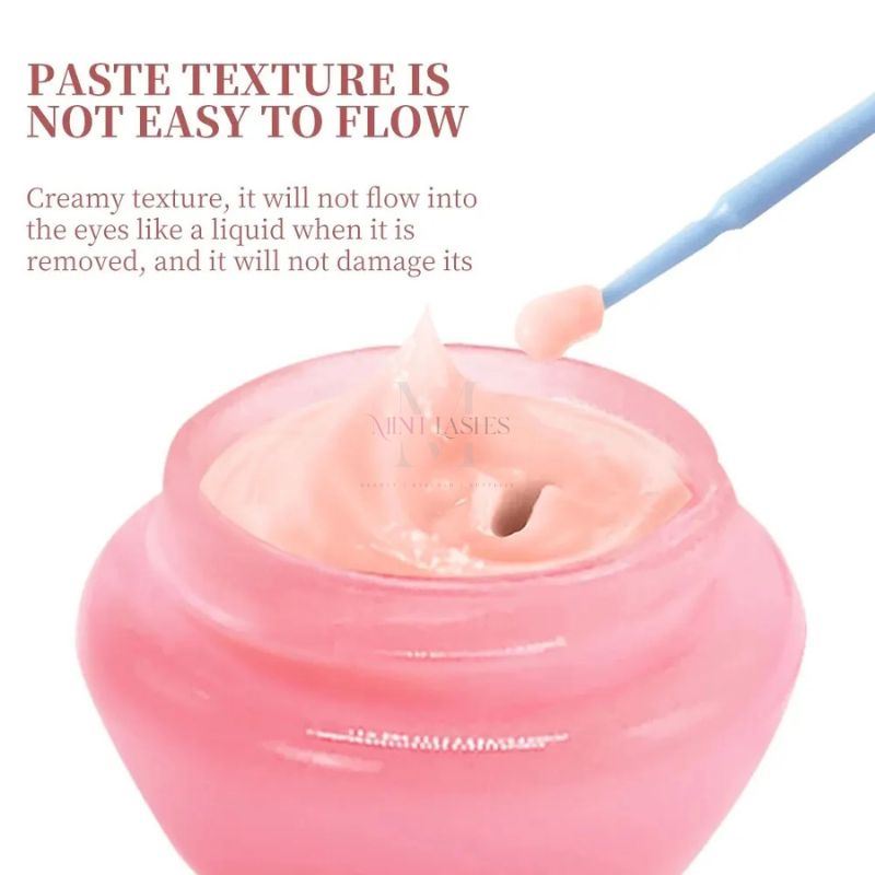 Close-up of creamy lash glue remover texture designed to stay in place during eyelash extension removal.