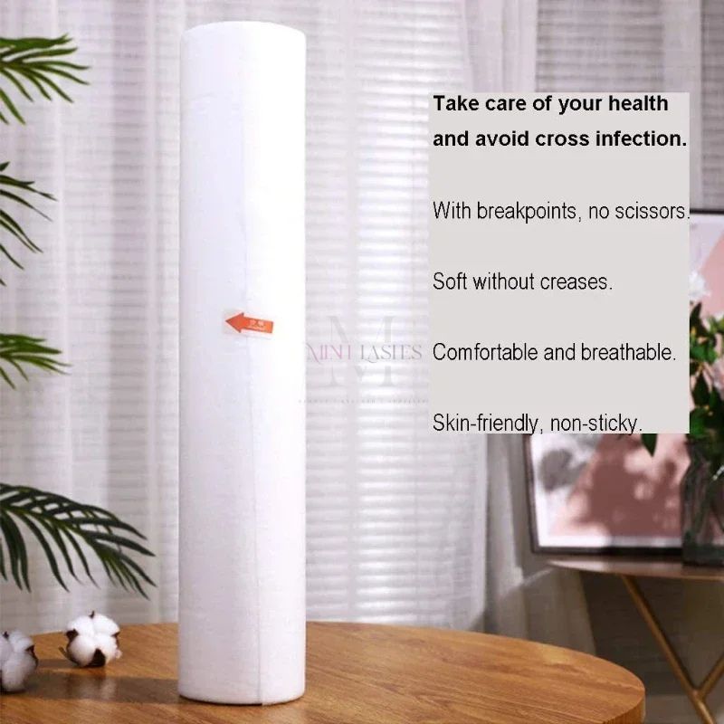 Disposable non-woven bed sheet roll used in spa and lash clinic treatment rooms for hygiene and comfort.