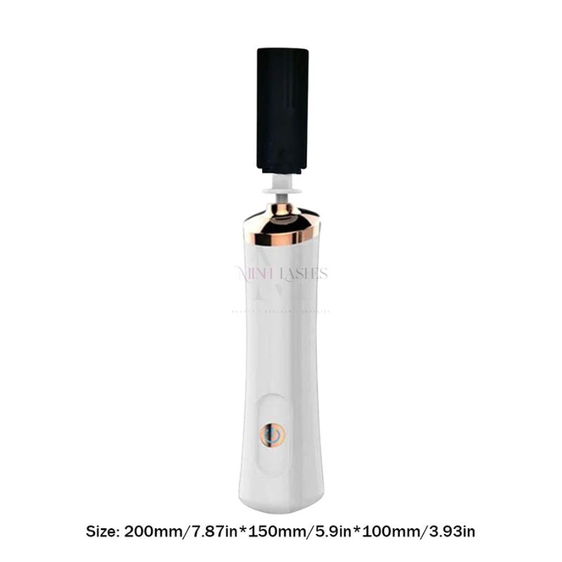 Compact electric eyelash glue shaker showing size measurements and ergonomic professional design.