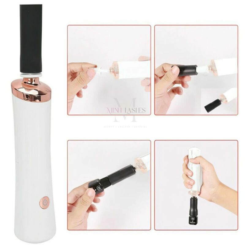 Step-by-step instructions showing how to attach and operate an electric eyelash glue shaker correctly.