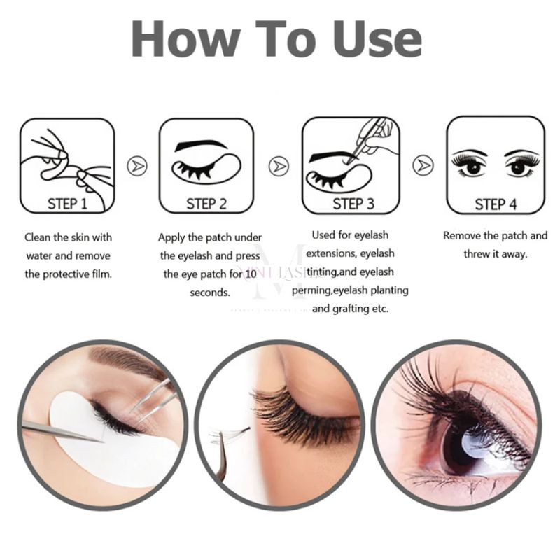 Step-by-step instructions showing how to use eye gel patches during eyelash extension services.