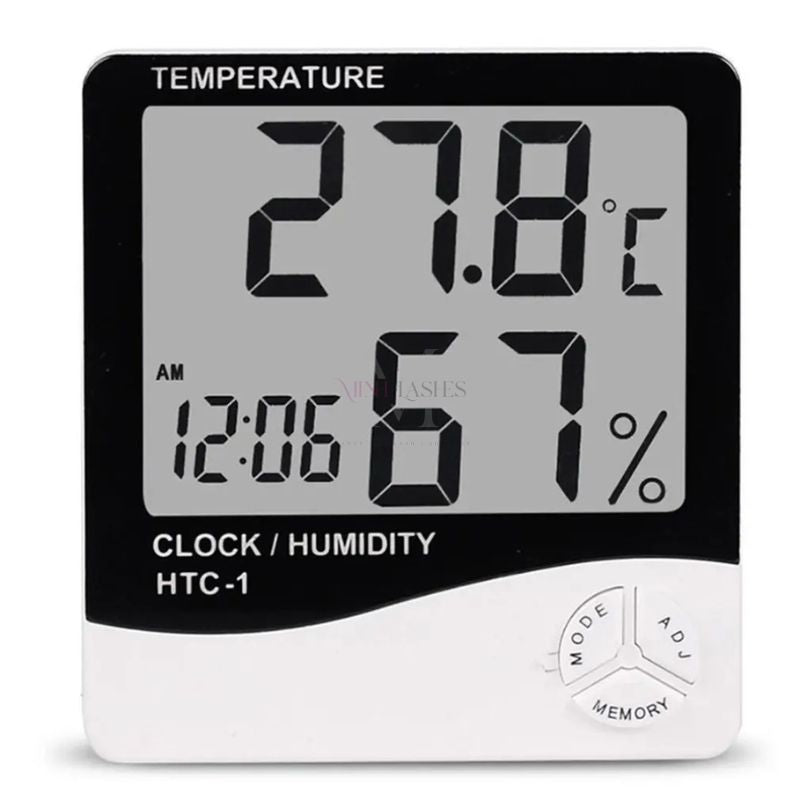 Digital humidity and temperature clock for eyelash technicians showing real-time room conditions to maintain optimal lash extension retention.