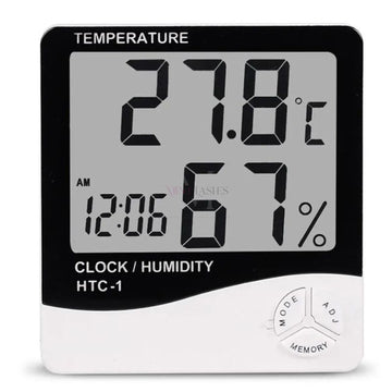 Digital humidity and temperature clock for eyelash technicians showing real-time room conditions to maintain optimal lash extension retention.