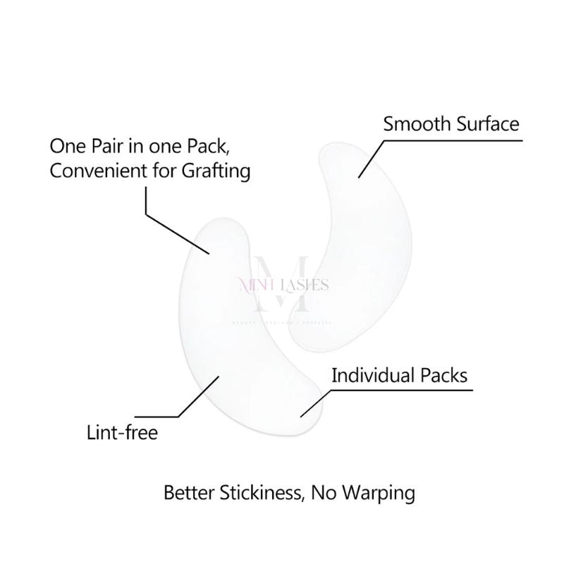 Individually packed lint-free eye gel pads with smooth surface for eyelash extension services.