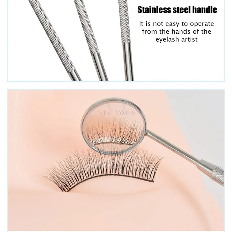 Close-up inspection of eyelash extensions using professional lash inspection mirror.