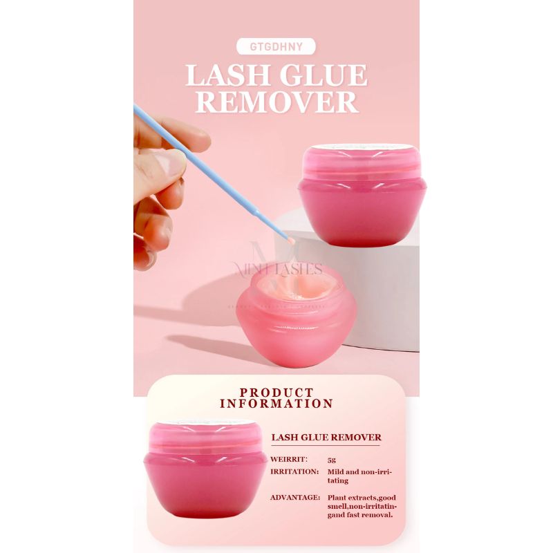 Product information image showing 5g lash glue remover cream with mild, non-irritating formula.