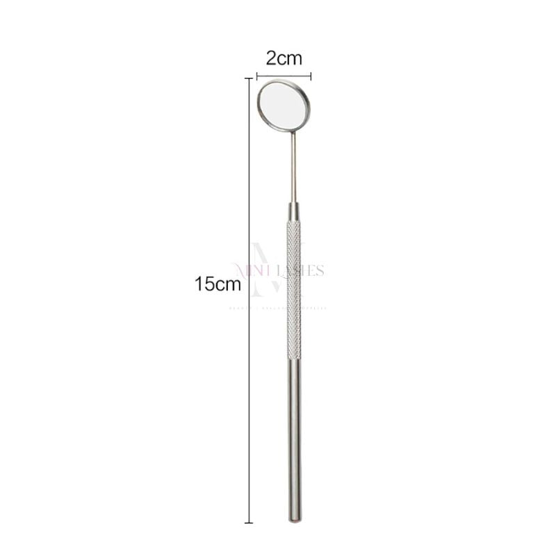 Size measurement of stainless steel eyelash inspection mirror used for lash extensions.