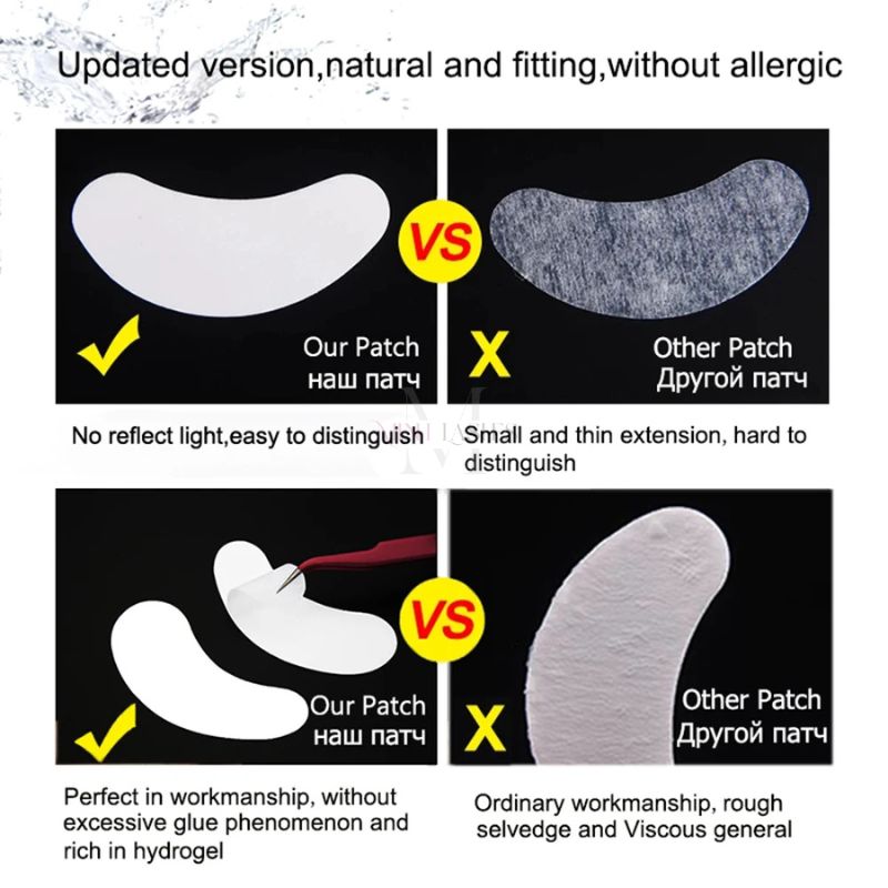 Comparison between Minh Lashes lint-free hydrogel eye gel patch and ordinary eye patches, showing smoother texture, non-reflective surface, and better performance for eyelash extensions.