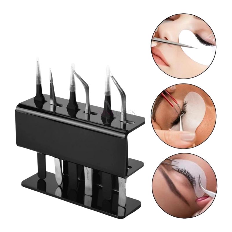 Minh Lashes black tweezers stand used during professional eyelash extension application
