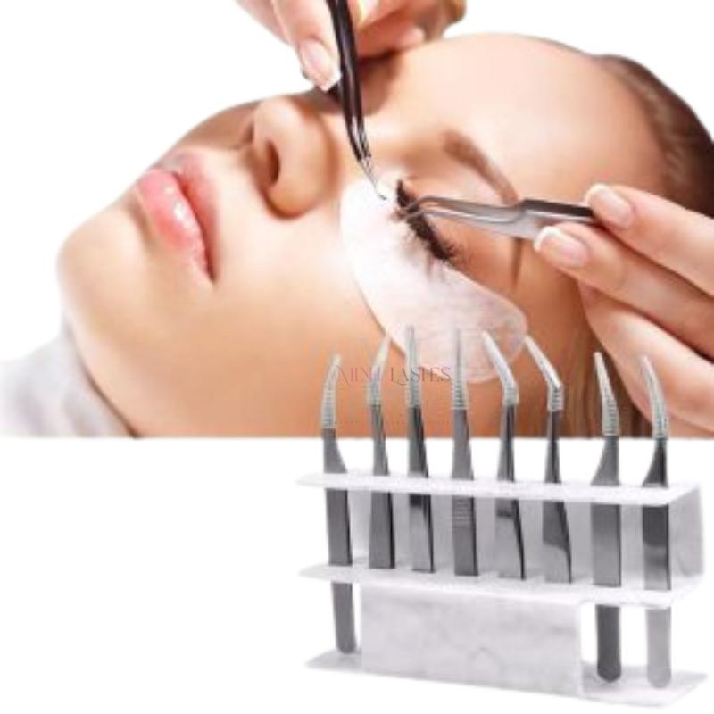 Minh Lashes marble tweezers stand used during professional eyelash extension application
