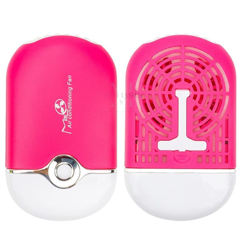 Front and back dark pink fan view of mini air conditioning fan designed for eyelash extensions.