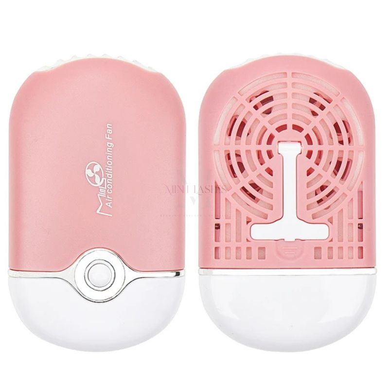 Front and back view light pink of mini air conditioning fan designed for eyelash extensions.