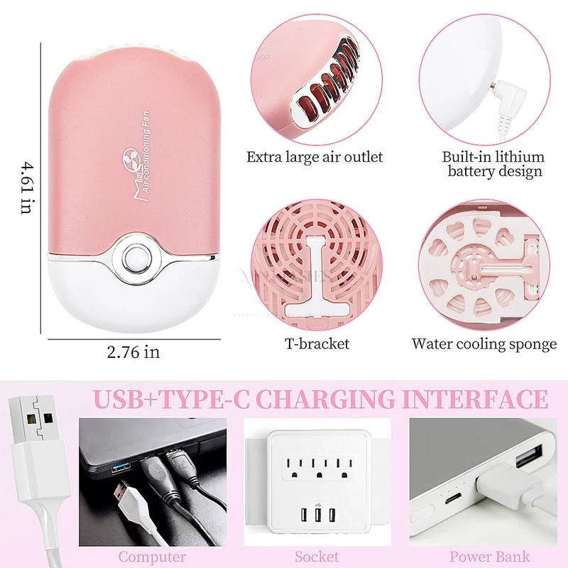 USB and Type-C charging options for mini air conditioning fan used in eyelash extensions.