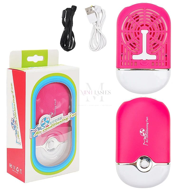Mini air conditioning fan with USB and Type-C charging accessories for eyelash extensions.
