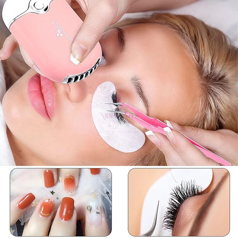 Mini air conditioning fan used by lash artist to speed up eyelash glue drying.