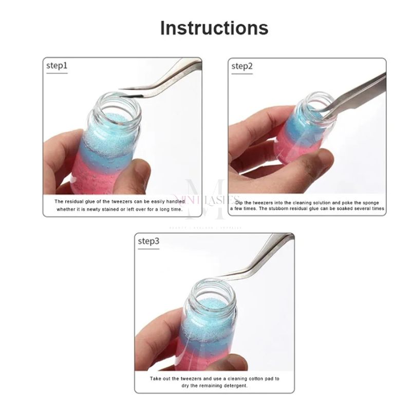 Step-by-step instructions for cleaning eyelash tweezers using an eyelash glue remover ball.