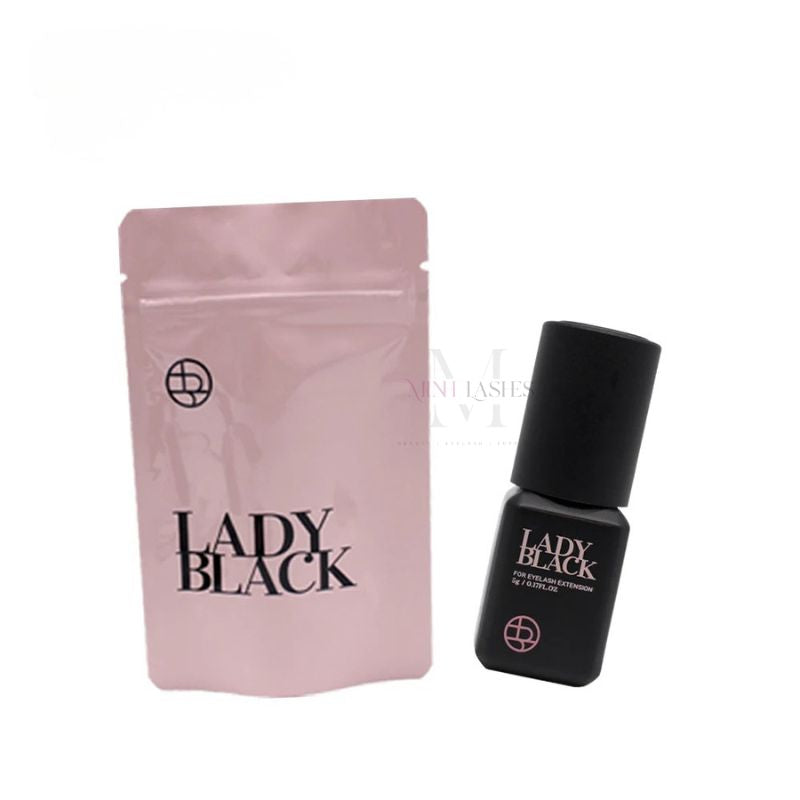 Front packaging of Lady Black eyelash extension glue 5ml for professional lash artists.