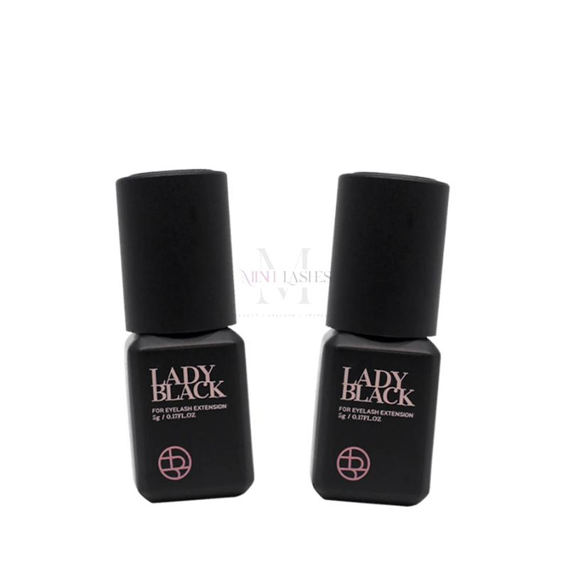 Close-up view of Lady Black eyelash extension glue bottle 5ml.