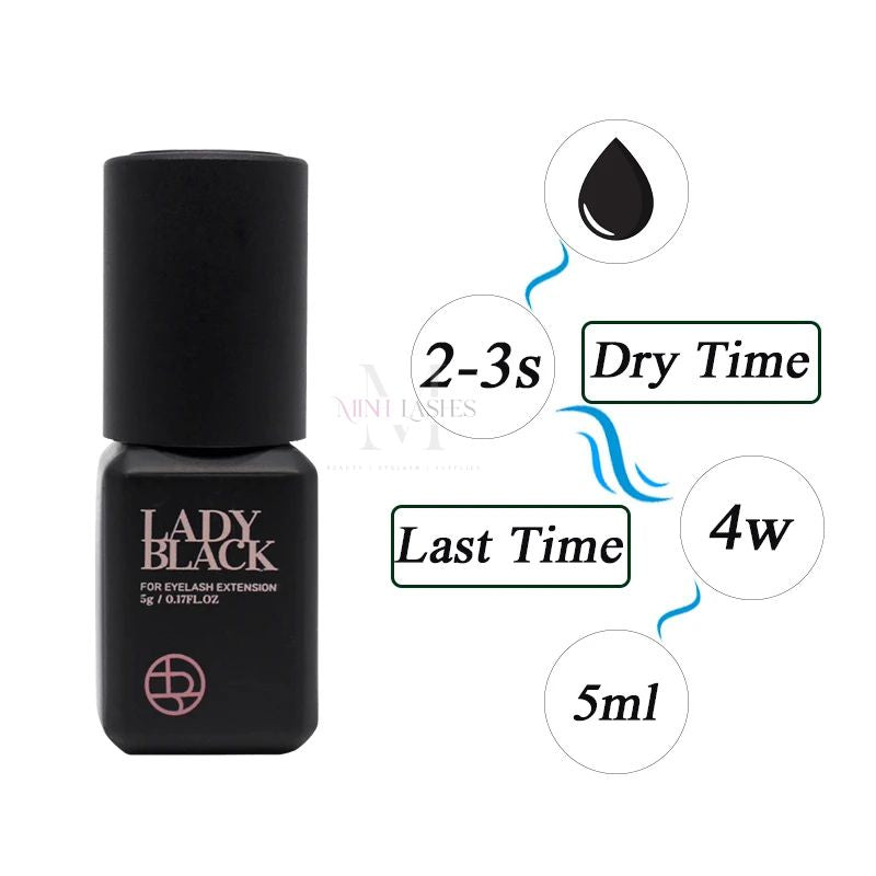 Dry time and retention details of Lady Black eyelash extension glue 5ml.