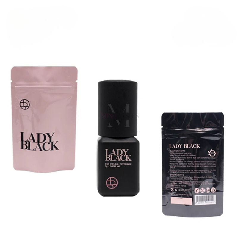 Complete Lady Black eyelash extension glue set with bottle and packaging.