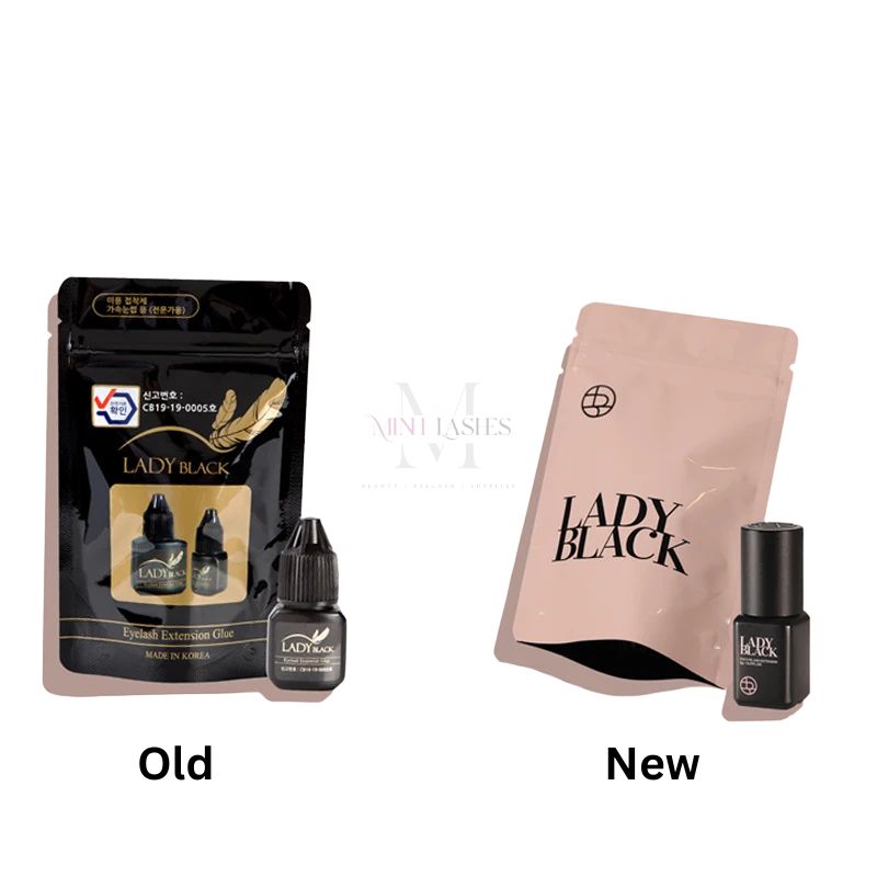 Old and new packaging comparison of Lady Black eyelash extension glue for professionals.