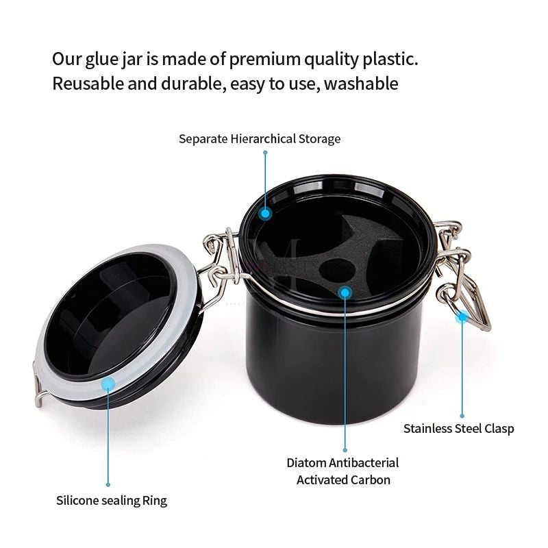 Detailed view of lash glue storage tank showing silicone sealing ring and stainless steel clasp.