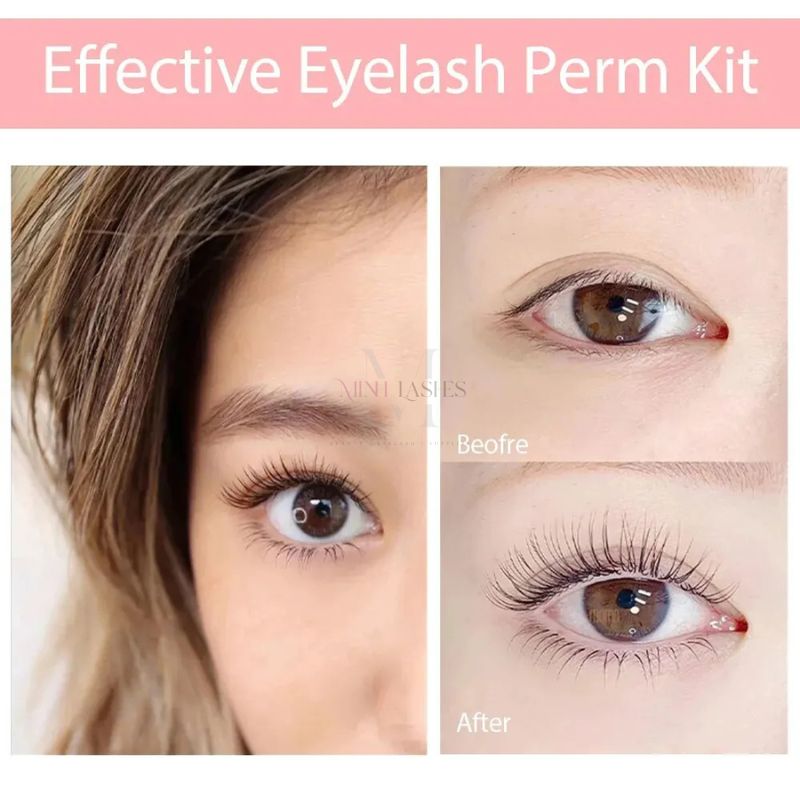 Before and after lash lift results showing natural curled eyelashes