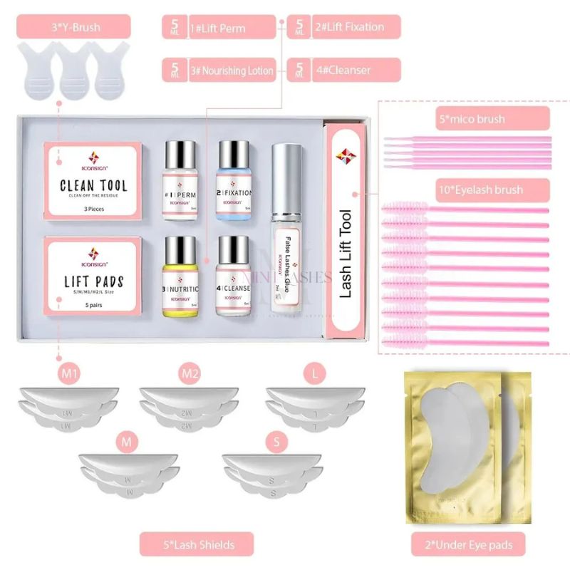 Lash lift kit components including perm lotion fixation nutrition cleanser and tools