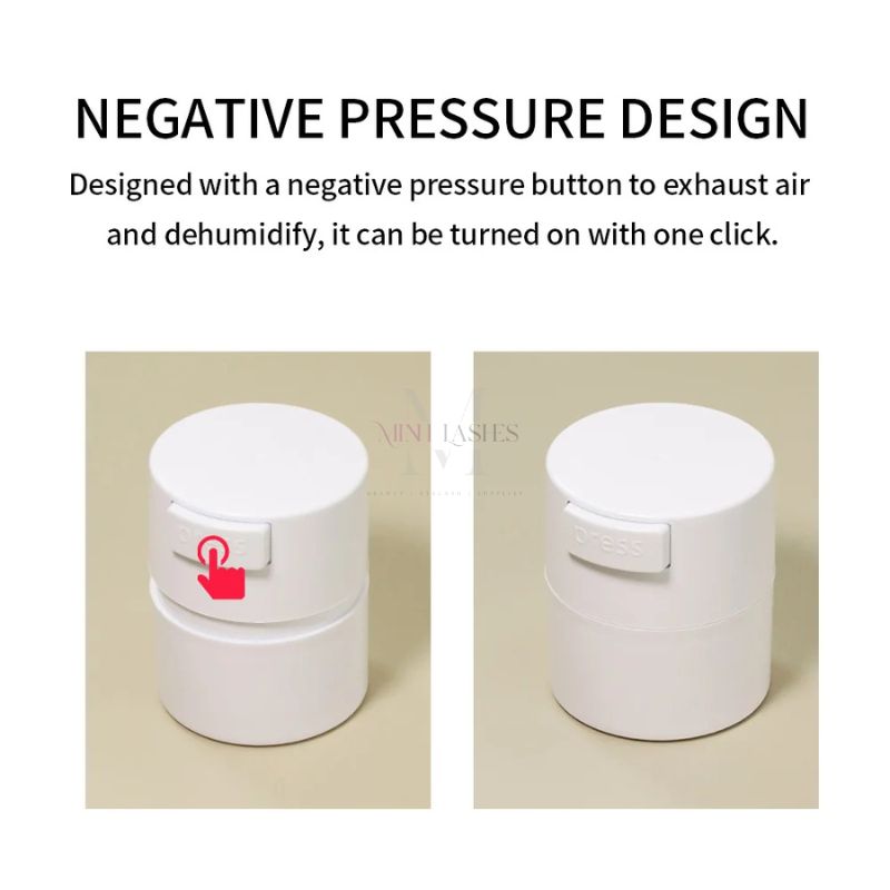 Negative pressure glue storage tank with press button to exhaust air and preserve eyelash adhesive freshness.