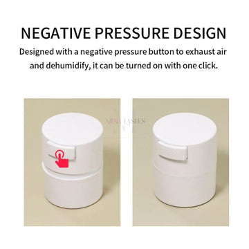 Negative pressure glue storage tank with press button to exhaust air and preserve eyelash adhesive freshness.