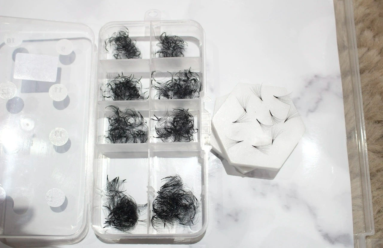 Open box of premade lash fans with mixed sizes for eyelash extensions