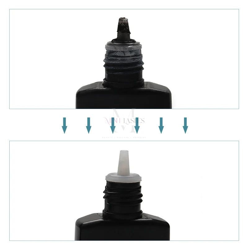 Before and after replacing eyelash glue nozzle to prevent adhesive clogging