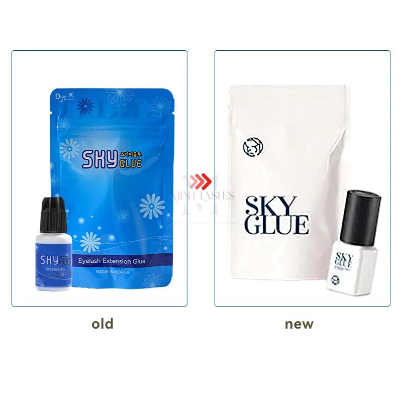 Comparison of old and new packaging designs for Sky Glue eyelash extension glue.