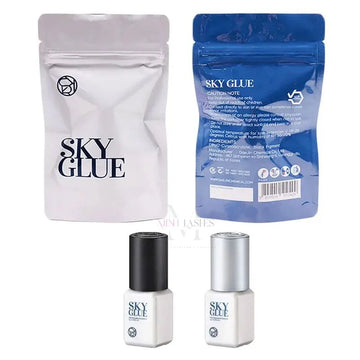 Two packages and two bottles of Sky Glue on a white background